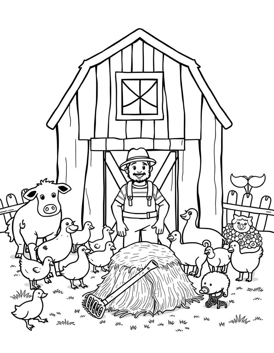 A barn with a farmer in front of it, have animals all around the farm including cows, chickens, ducks, pigs, and goats. Also include a haystack with a pitchfork laying on the pile. Off to the side hav