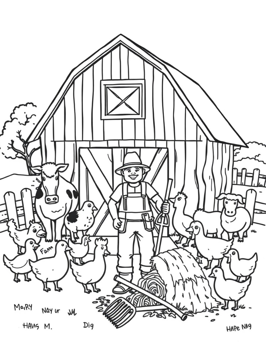 A barn with a farmer in front of it, have animals all around the farm including cows, chickens, ducks, pigs, and goats. Also include a haystack with a pitchfork laying on the pile. Off to the side hav