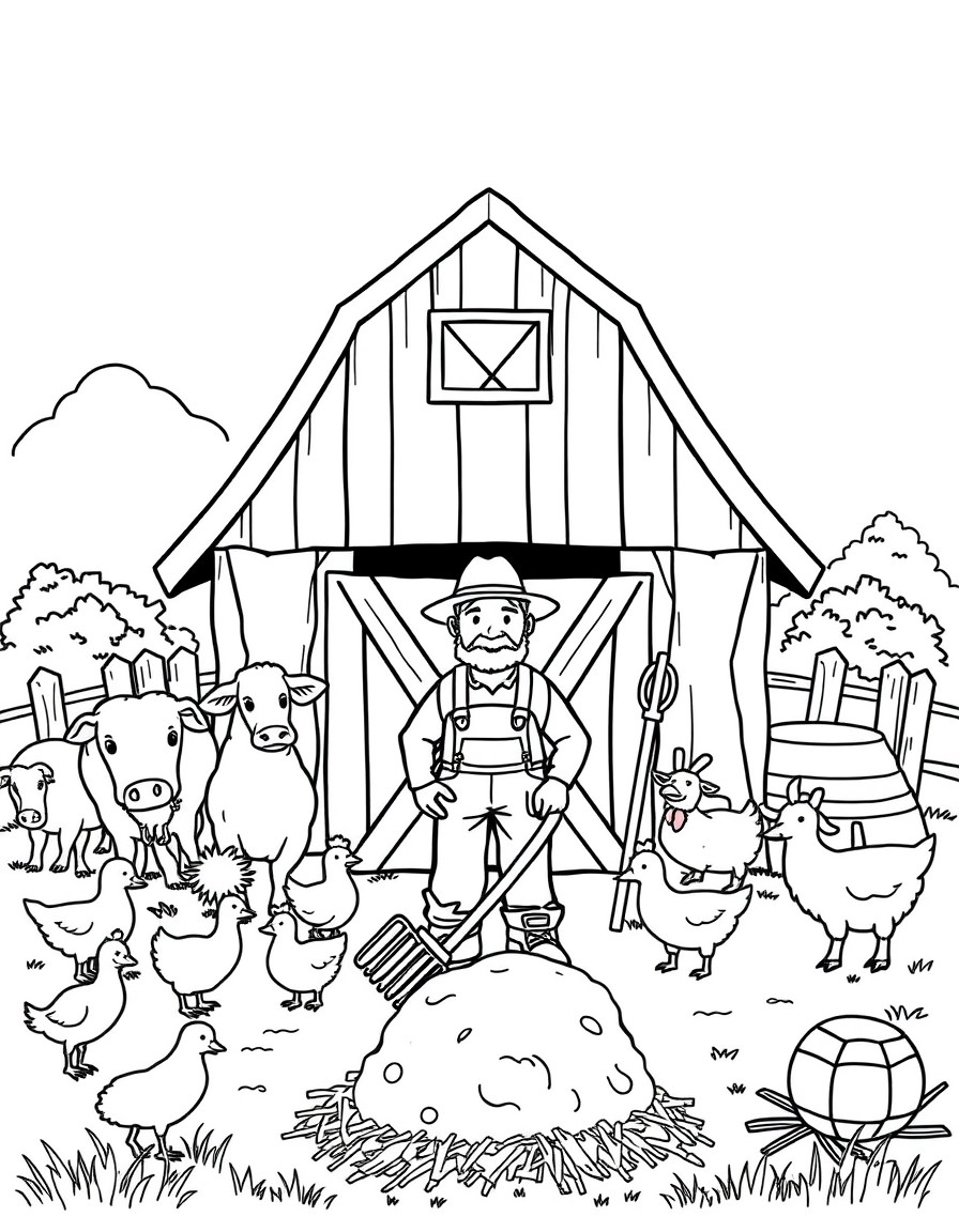 A barn with a farmer in front of it, have animals all around the farm including cows, chickens, ducks, pigs, and goats. Also include a haystack with a pitchfork laying on the pile. Off to the side hav