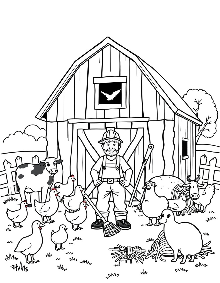 A barn with a farmer in front of it, have animals all around the farm including cows, chickens, ducks, pigs, and goats. Also include a haystack with a pitchfork laying on the pile. Off to the side hav