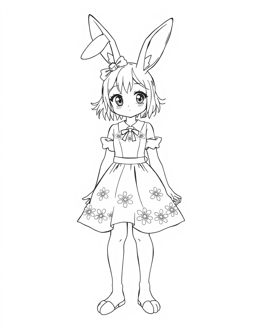 Hm can you make me art of a cute bunny girl in a beautiful dress can you make it line art tho and clean no mistakes? Anime girl by the way for specification just the line art okie? Just line art not c