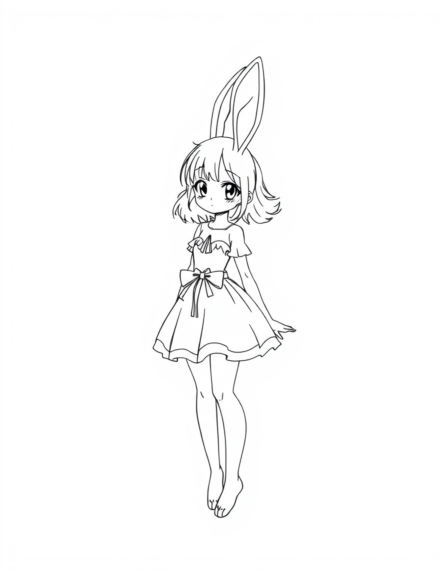 Hm can you make me art of a cute bunny girl in a beautiful dress can you make it line art tho and clean no mistakes? Anime girl by the way for specification just the line art okie? Just line art not c