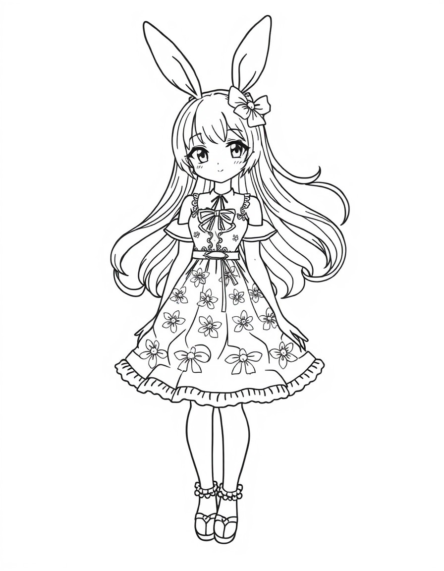 Hm can you make me art of a cute bunny girl in a beautiful dress can you make it line art tho and clean no mistakes? Anime girl by the way for specification just the line art okie? Just line art not c