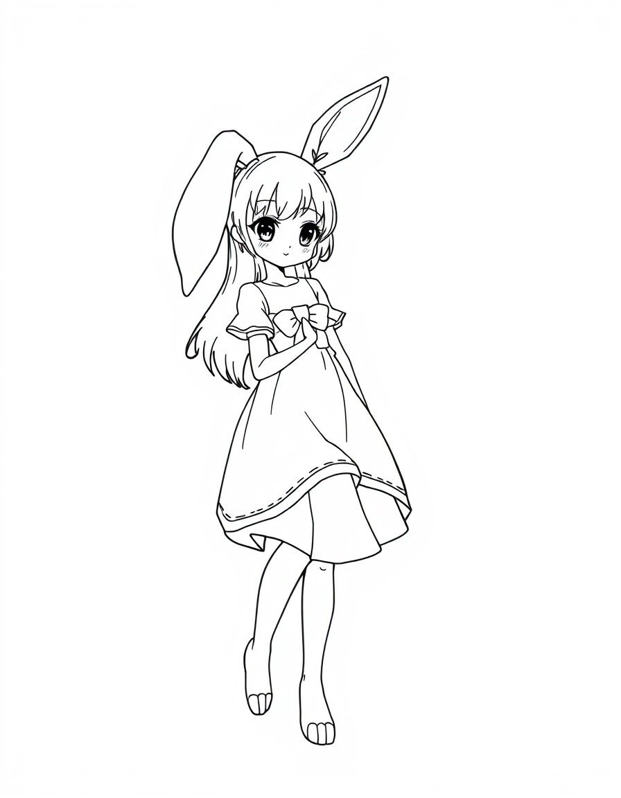 Hm can you make me art of a cute bunny girl in a beautiful dress can you make it line art tho and clean no mistakes? Anime girl by the way for specification just the line art okie? Just line art not c