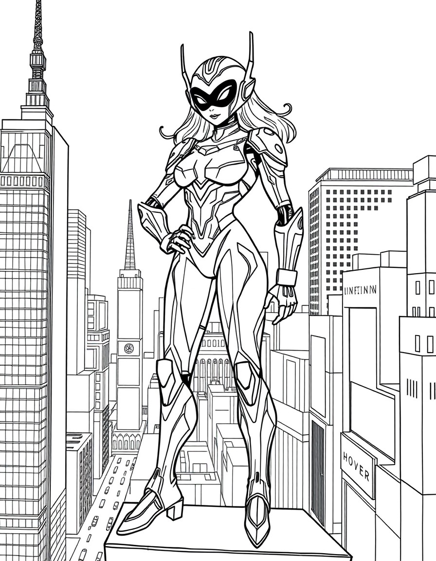 An outline illustration of a superhero named Sifra, an alien robot with human-like features, standing confidently on the edge of a tall building overlooking Times Square, New York. She wears a futuris