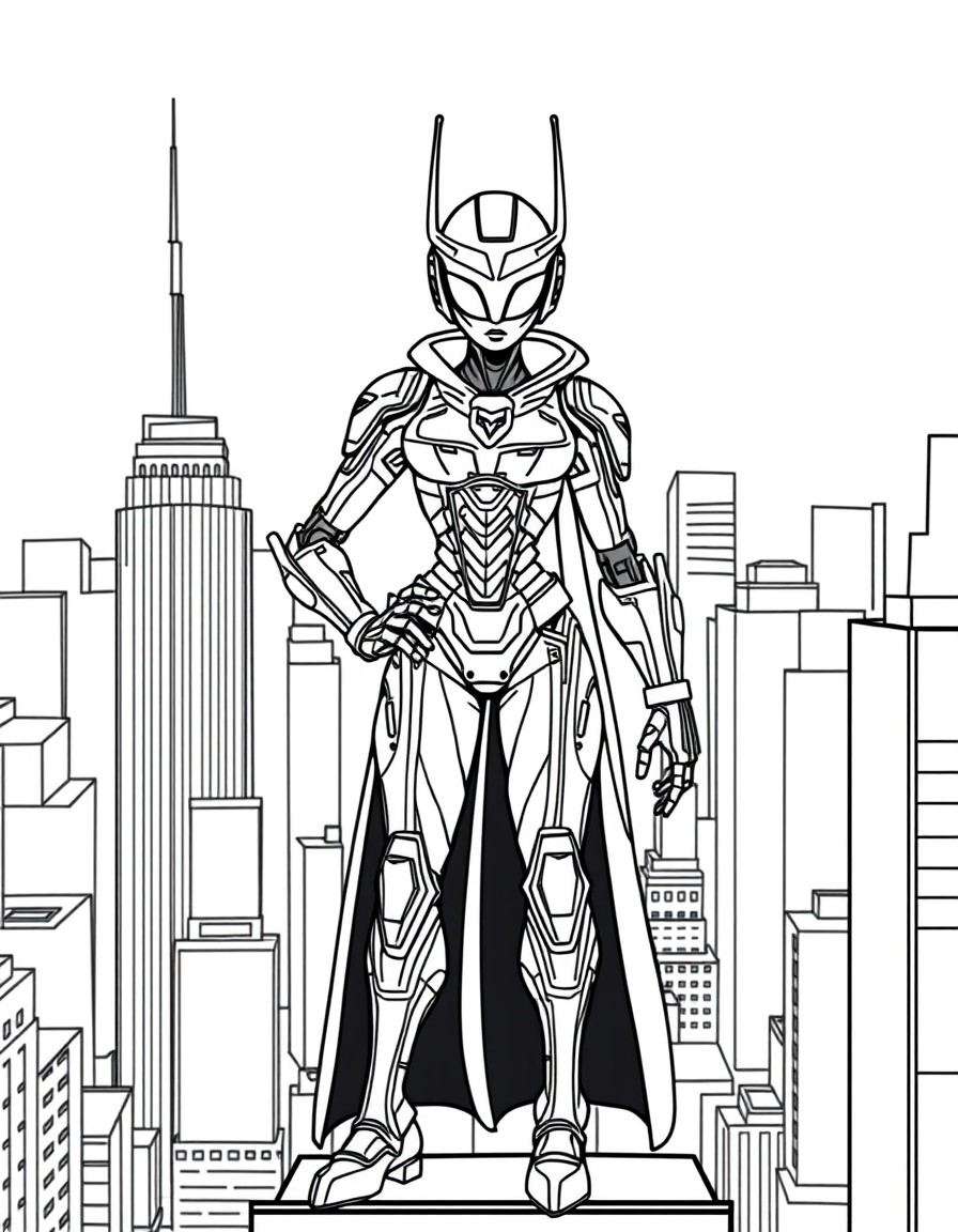 An outline illustration of a superhero named Sifra, an alien robot with human-like features, standing confidently on the edge of a tall building overlooking Times Square, New York. She wears a futuris