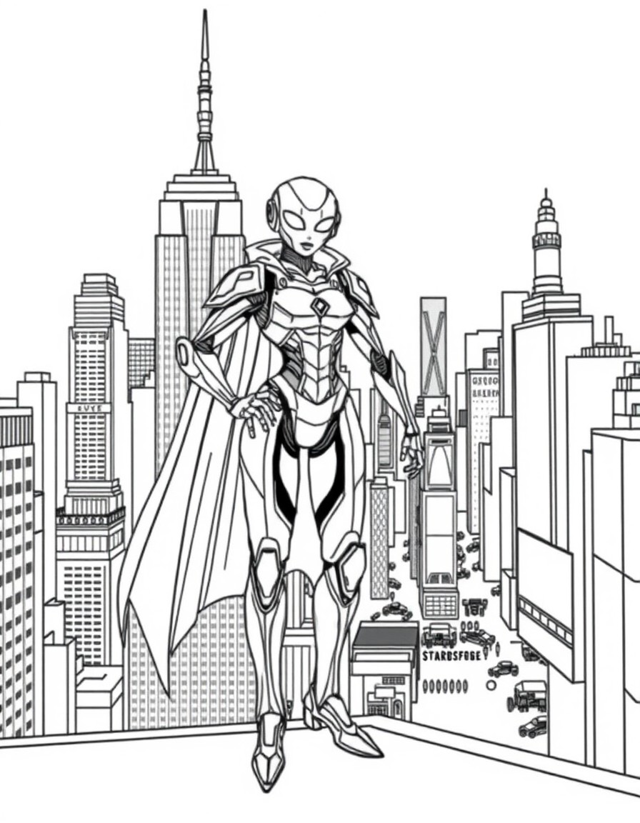 An outline illustration of a superhero named Sifra, an alien robot with human-like features, standing confidently on the edge of a tall building overlooking Times Square, New York. She wears a futuris