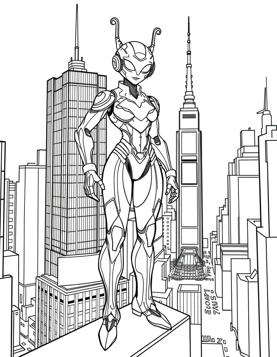 An outline illustration of a superhero named Sifra, an alien robot with human-like features, standing confidently on the edge of a tall building overlooking Times Square, New York. She wears a futuris