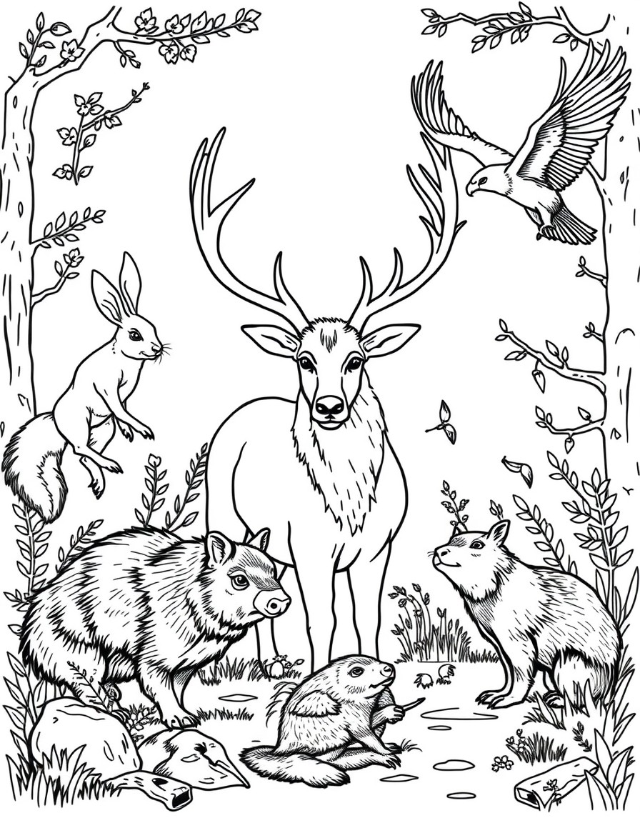 deer, rabbit, squirrel, bear, elk, wild hog, wolf, eagle, and beaver in nature scene