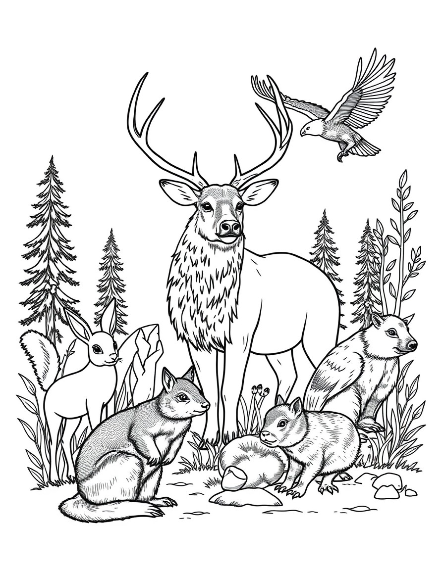 deer, rabbit, squirrel, bear, elk, wild hog, wolf, eagle, and beaver in nature scene