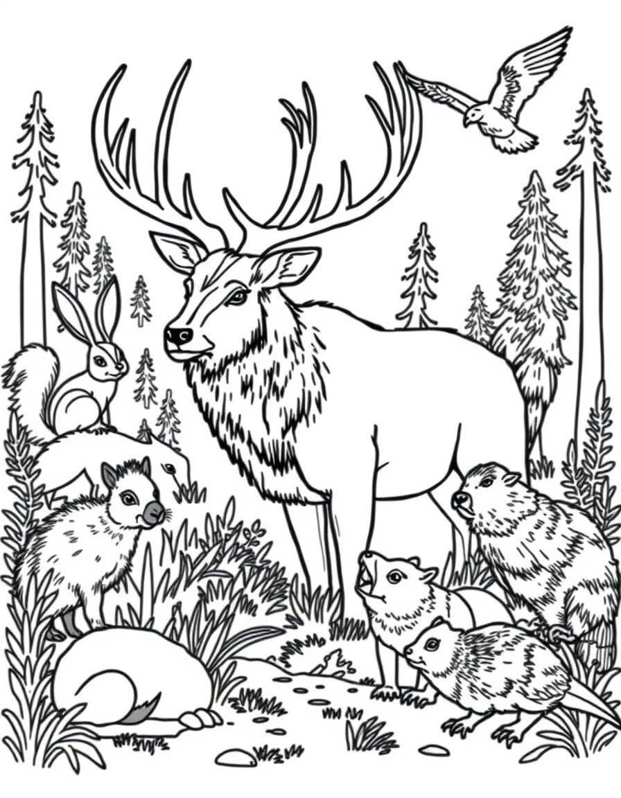 deer, rabbit, squirrel, bear, elk, wild hog, wolf, eagle, and beaver in nature scene