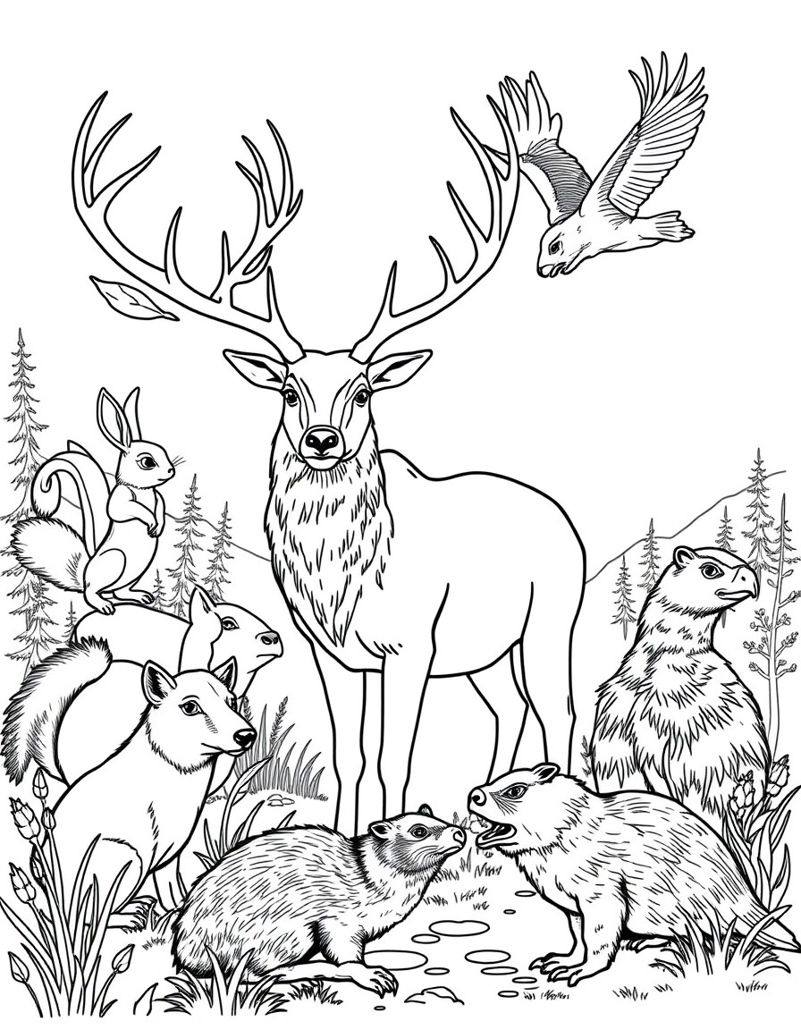 deer, rabbit, squirrel, bear, elk, wild hog, wolf, eagle, and beaver in nature scene