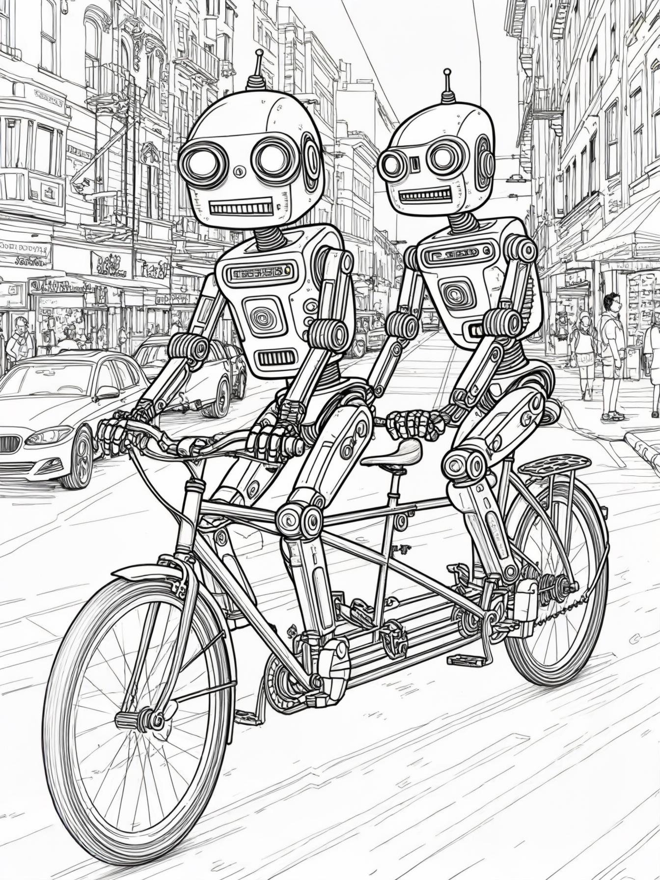 two robots riding a bicycle made for two through a busy street