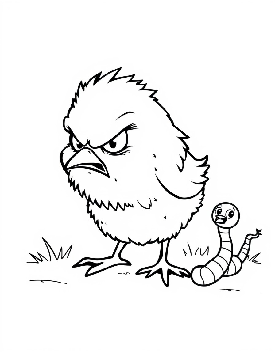 A small angry chick and a worm running from her