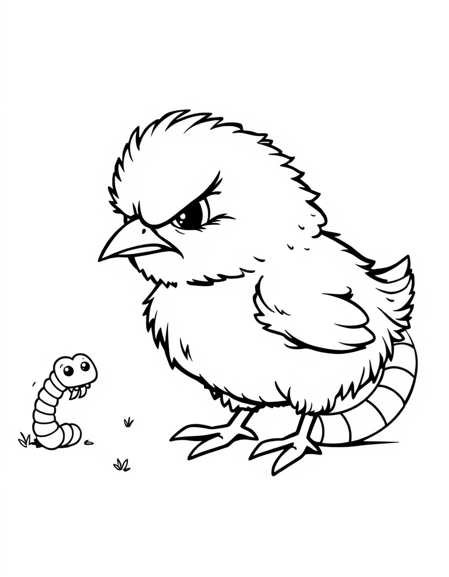 A small angry chick and a worm running from her