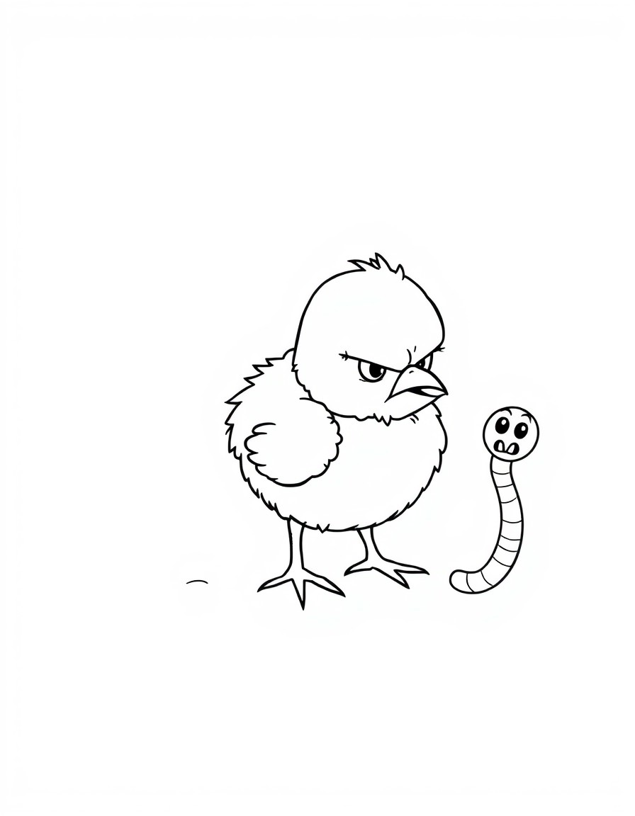 A small angry chick and a worm running from her