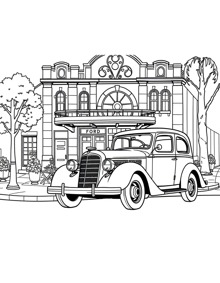A vintage street scene set in the early 1930s featuring a classic Ford car parked outside a charming community center. The building exhibits architectural details typical of the period, including deco