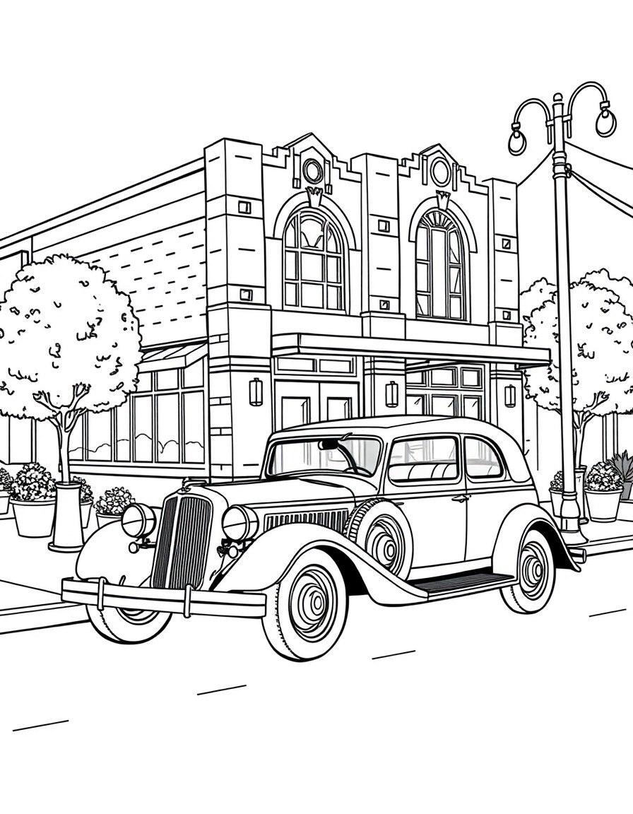 A vintage street scene set in the early 1930s featuring a classic Ford car parked outside a charming community center. The building exhibits architectural details typical of the period, including deco