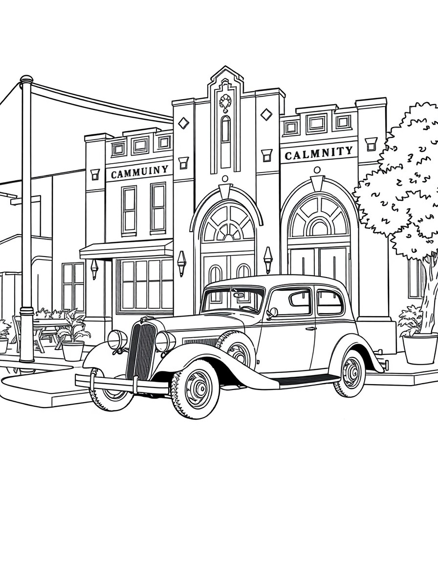 A vintage street scene set in the early 1930s featuring a classic Ford car parked outside a charming community center. The building exhibits architectural details typical of the period, including deco