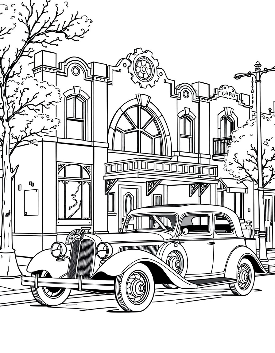 A vintage street scene set in the early 1930s featuring a classic Ford car parked outside a charming community center. The building exhibits architectural details typical of the period, including deco