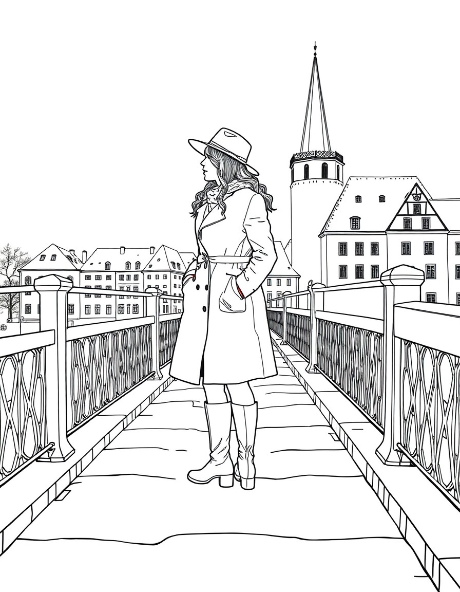 A woman in a hat, coat and boots stands on a bridge in the Czech Republic