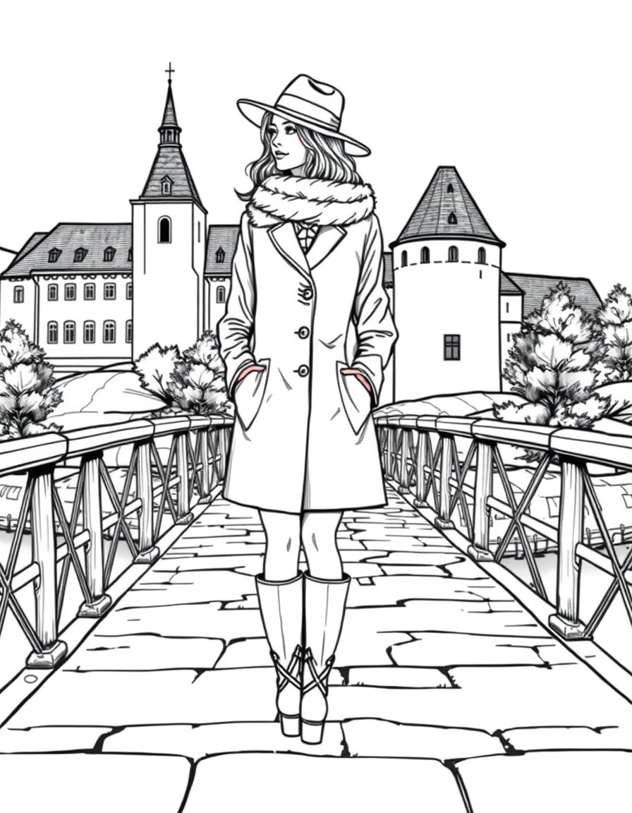 A woman in a hat, coat and boots stands on a bridge in the Czech Republic