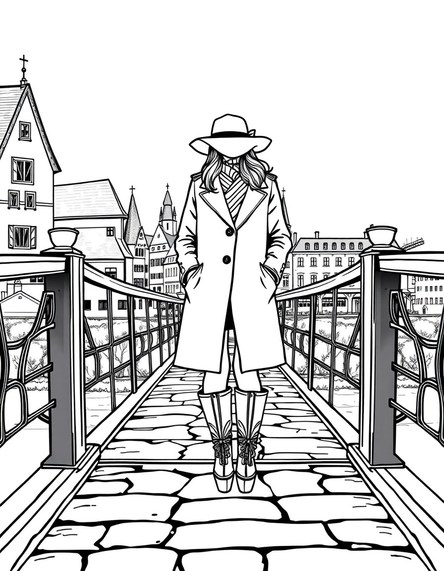 A woman in a hat, coat and boots stands on a bridge in the Czech Republic