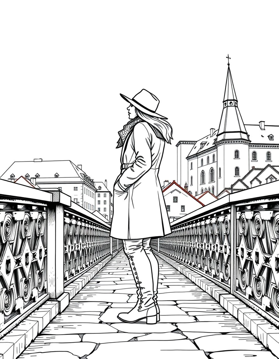A woman in a hat, coat and boots stands on a bridge in the Czech Republic