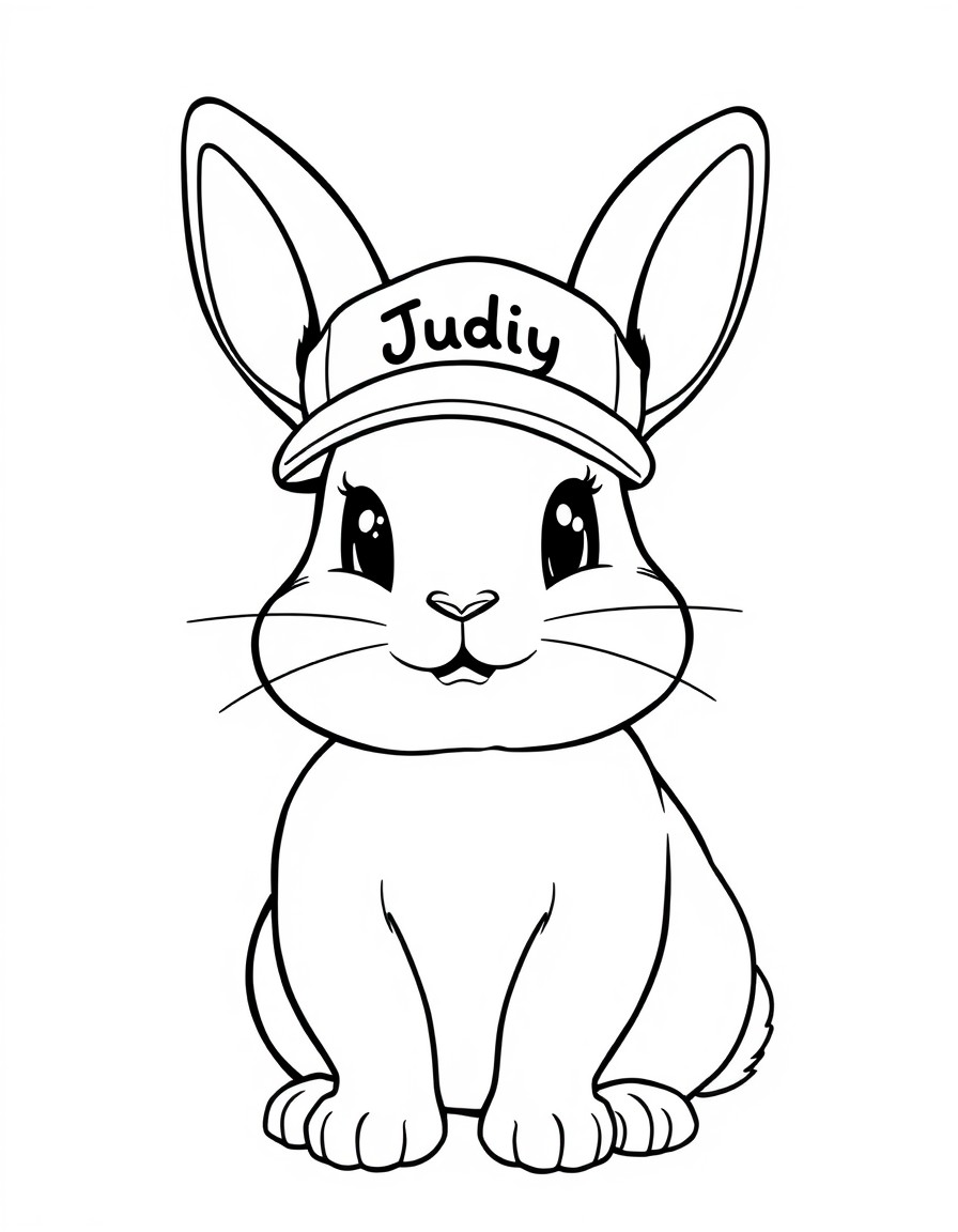 a cute bunny with a cap that has a name Judy on it