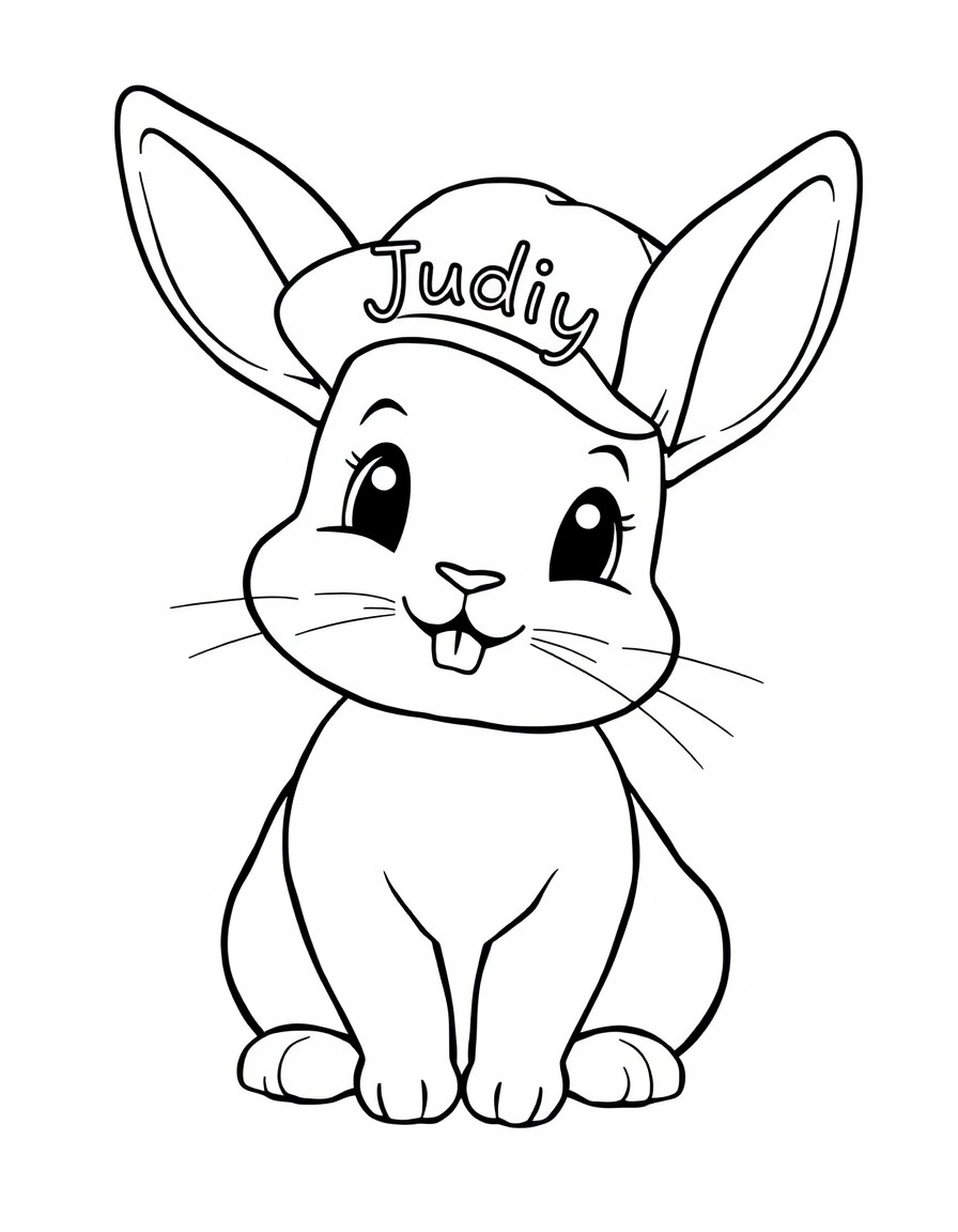 a cute bunny with a cap that has a name Judy on it