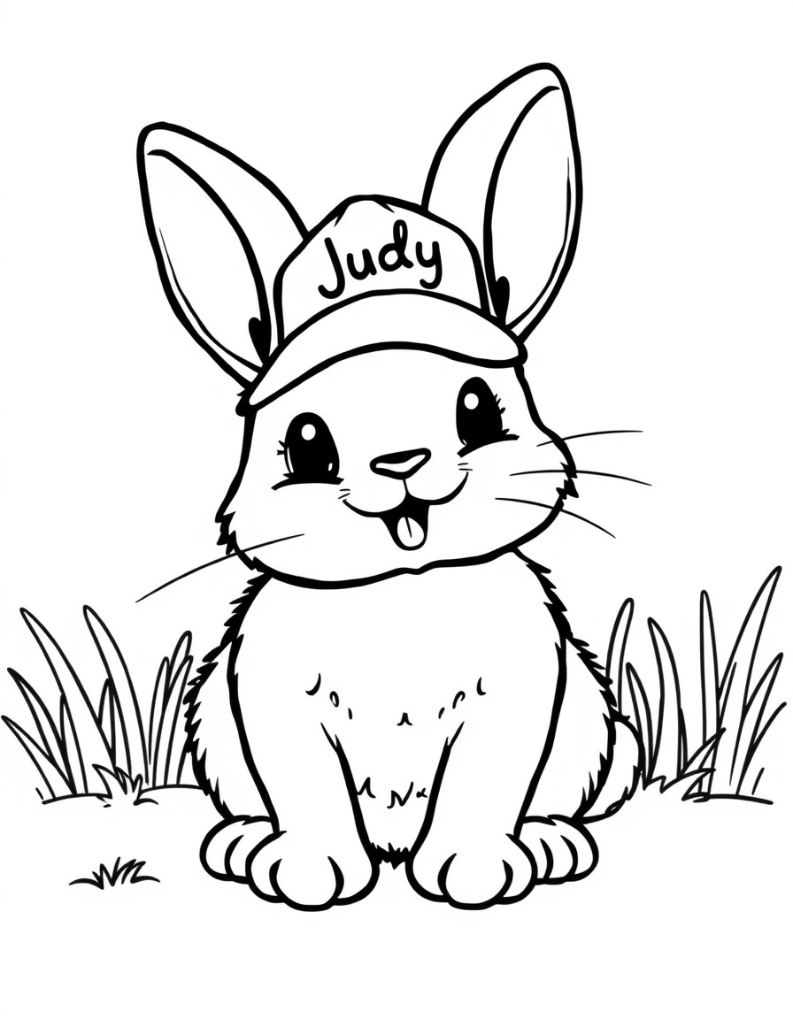 a cute bunny with a cap that has a name Judy on it