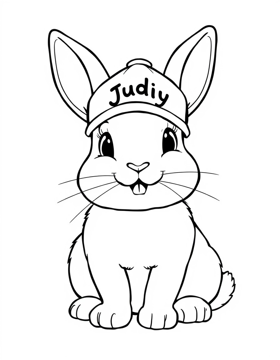 a cute bunny with a cap that has a name Judy on it