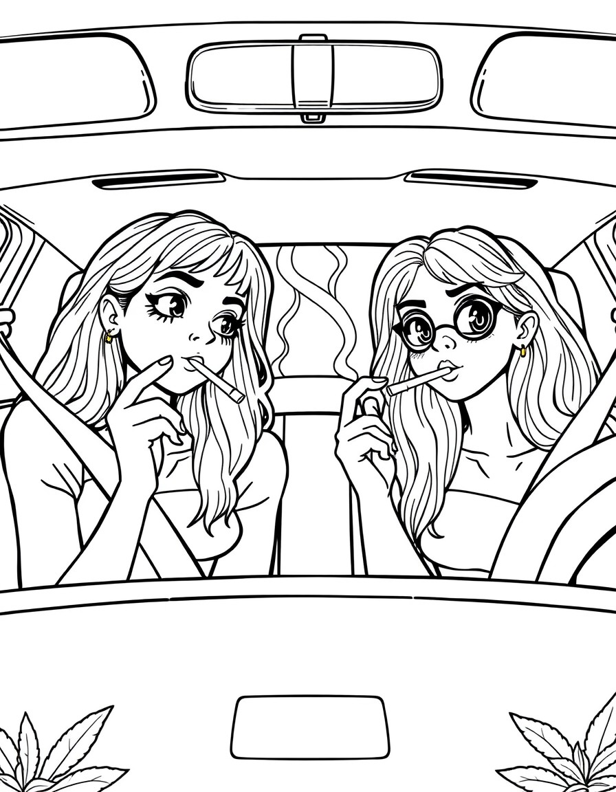 2 girl best friends smoking weed in the front seat of the car cartoon