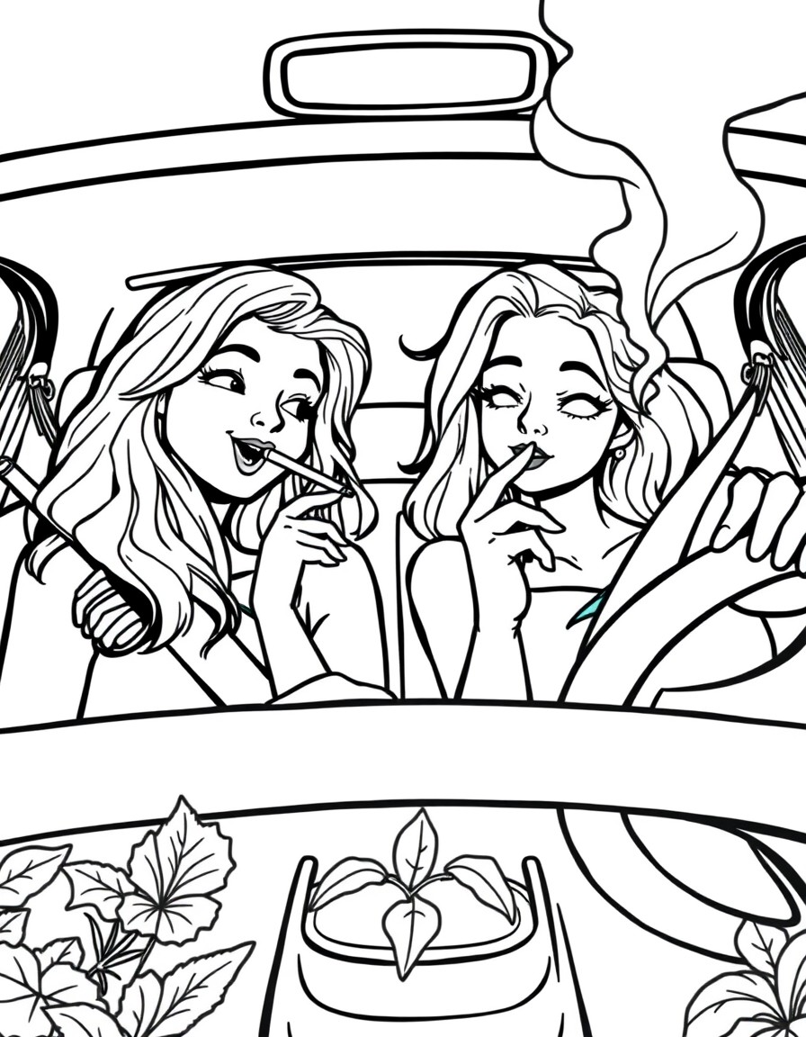 2 girl best friends smoking weed in the front seat of the car cartoon