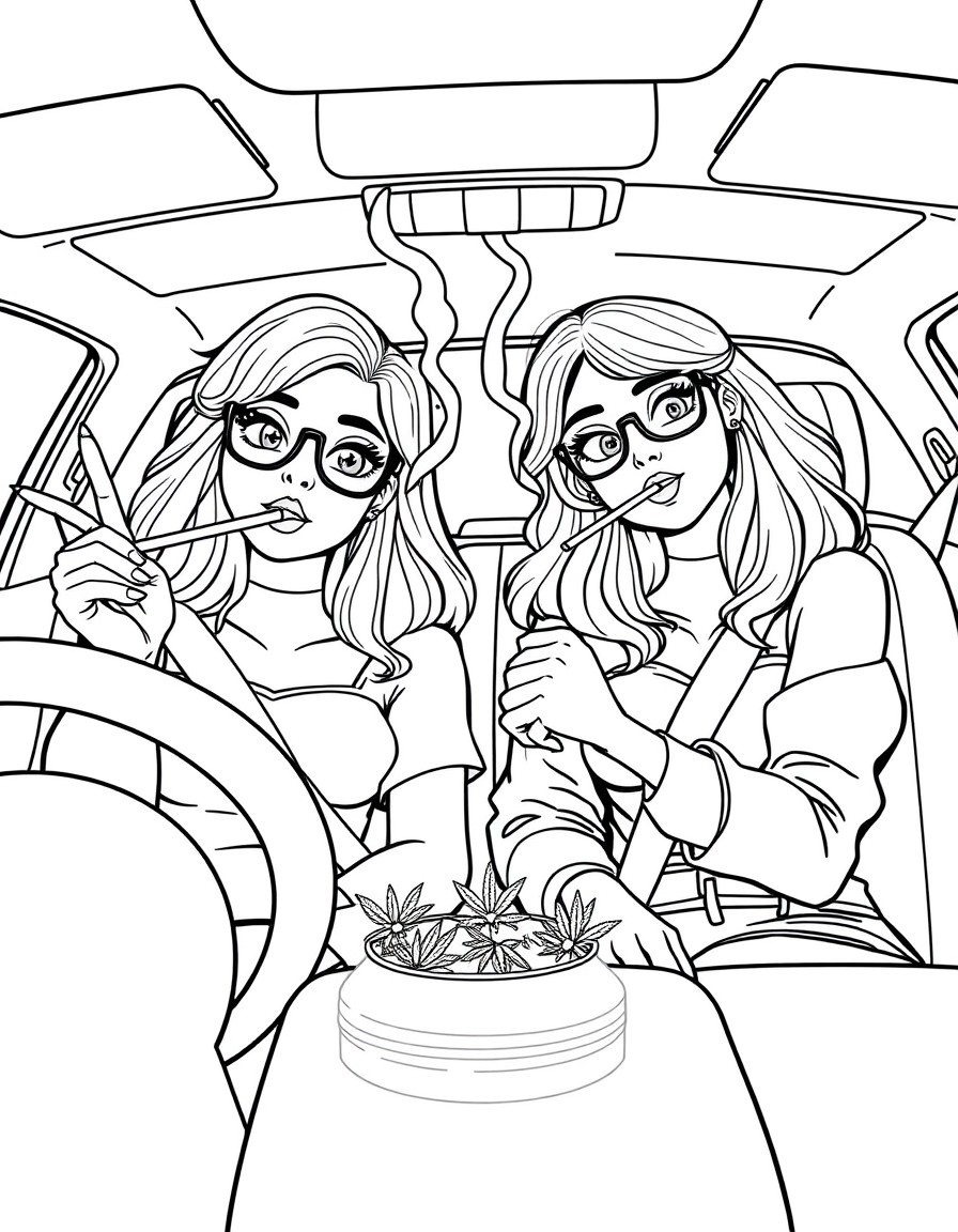 2 girl best friends smoking weed in the front seat of the car cartoon