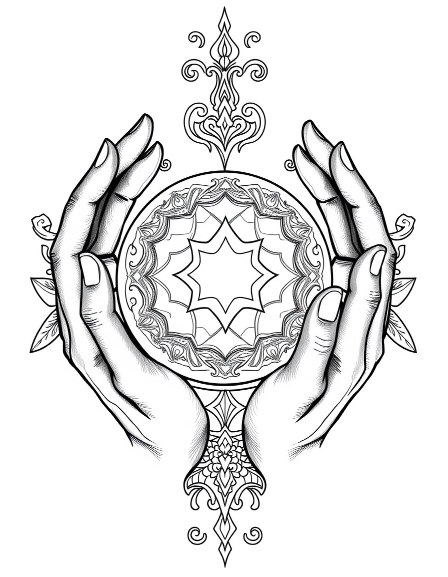 hands around a crystal ball in the neo traditional style