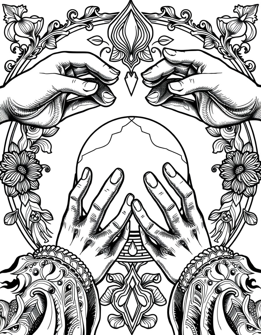 hands around a crystal ball in the neo traditional style