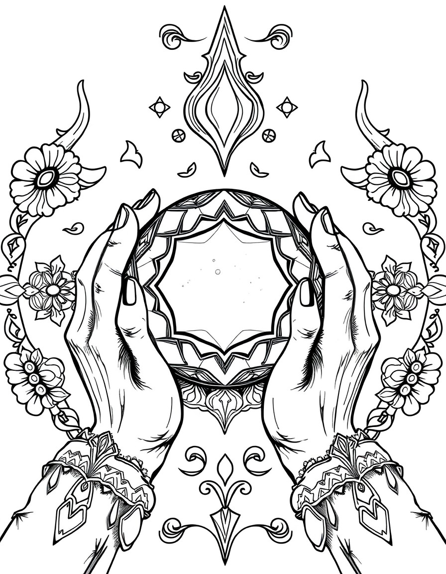 hands around a crystal ball in the neo traditional style