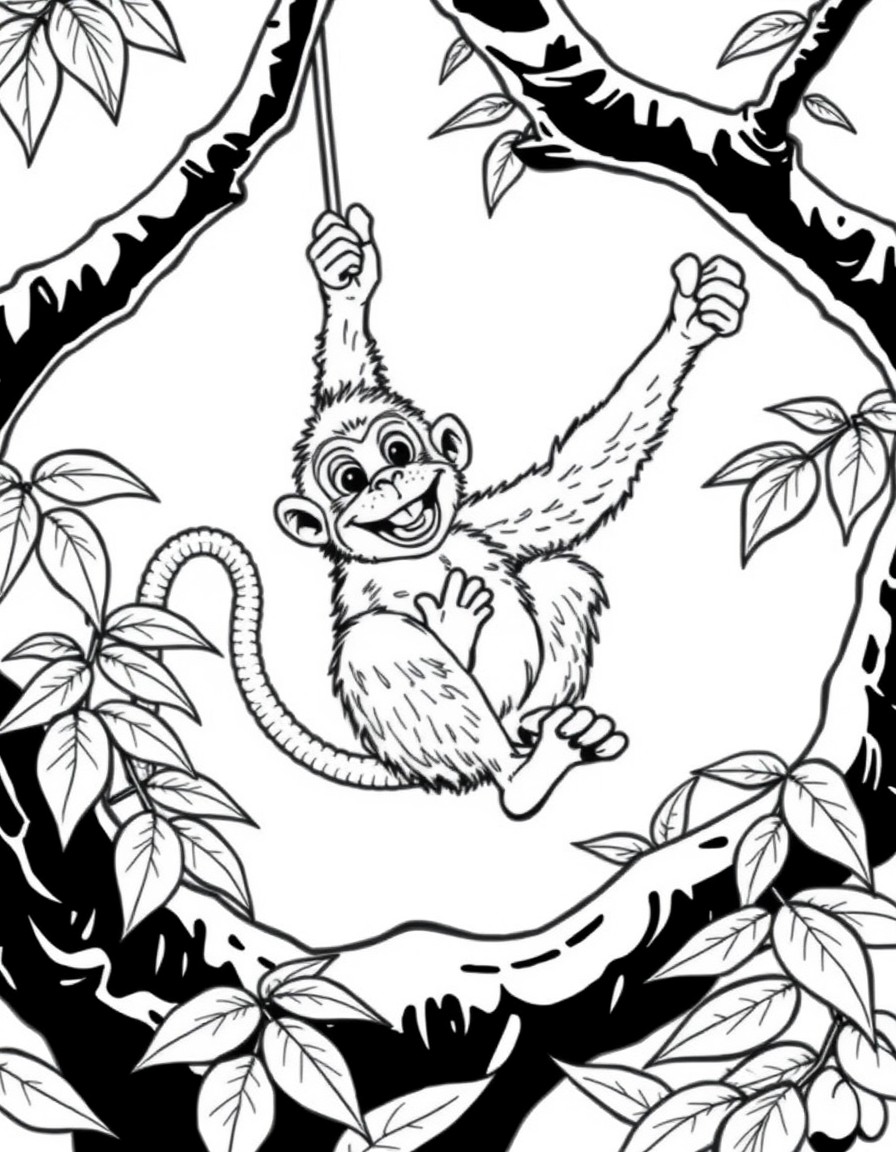 A playful monkey swinging on vines