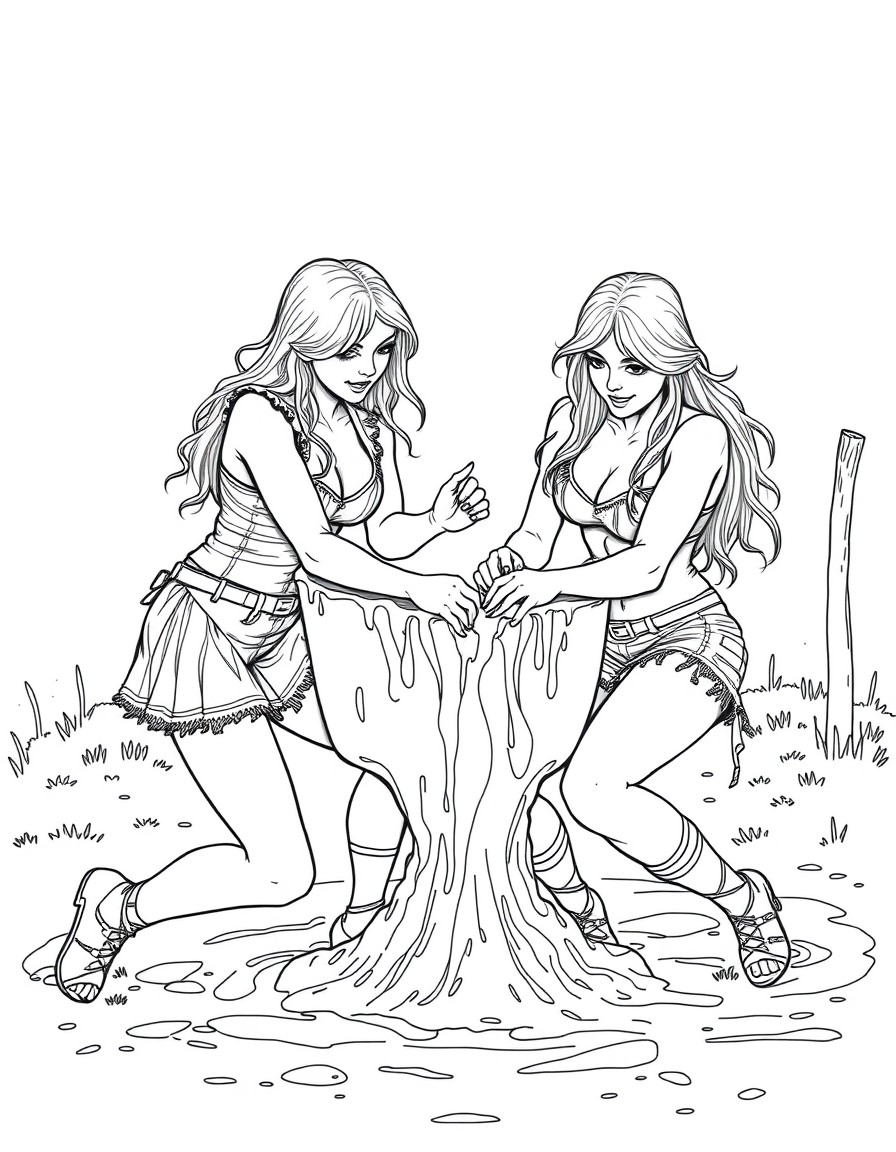 Two sexy ladies mud wrestling at the farm