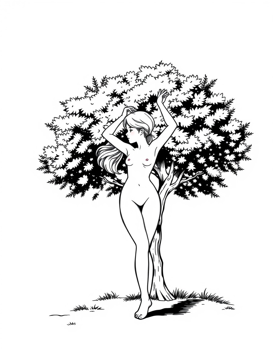 Nude dancing girl with a tree in the background