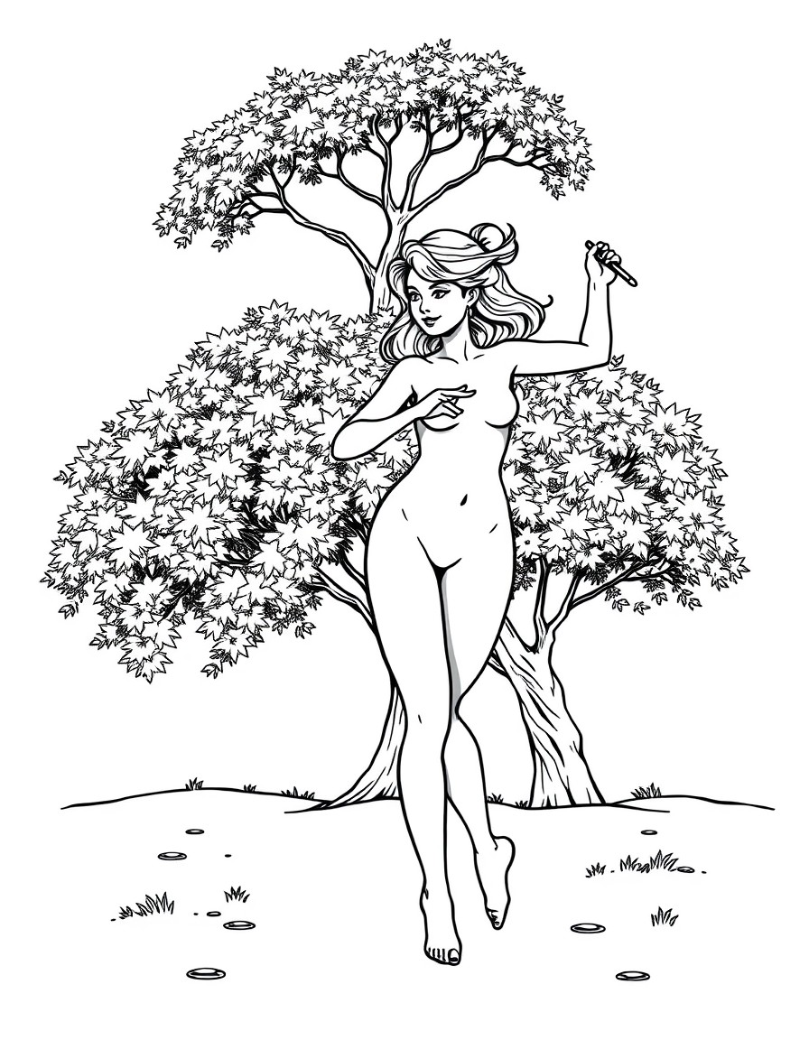 Nude dancing girl with a tree in the background