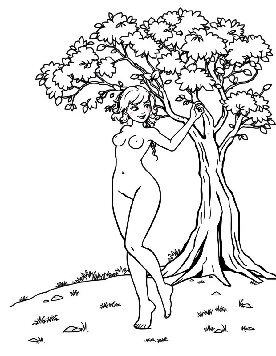 Nude dancing girl with a tree in the background