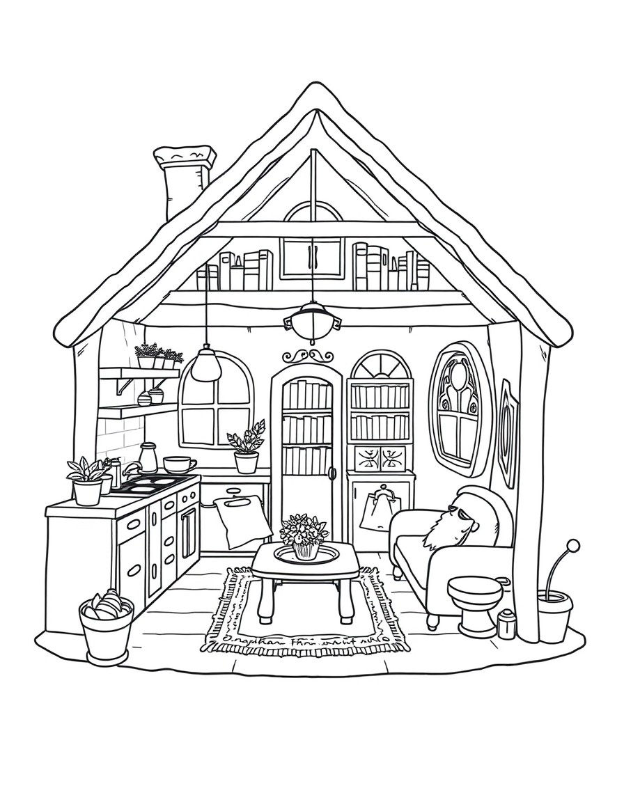 A tiny gnome home with a kitchen, living room, library, bedroom, and bathroom