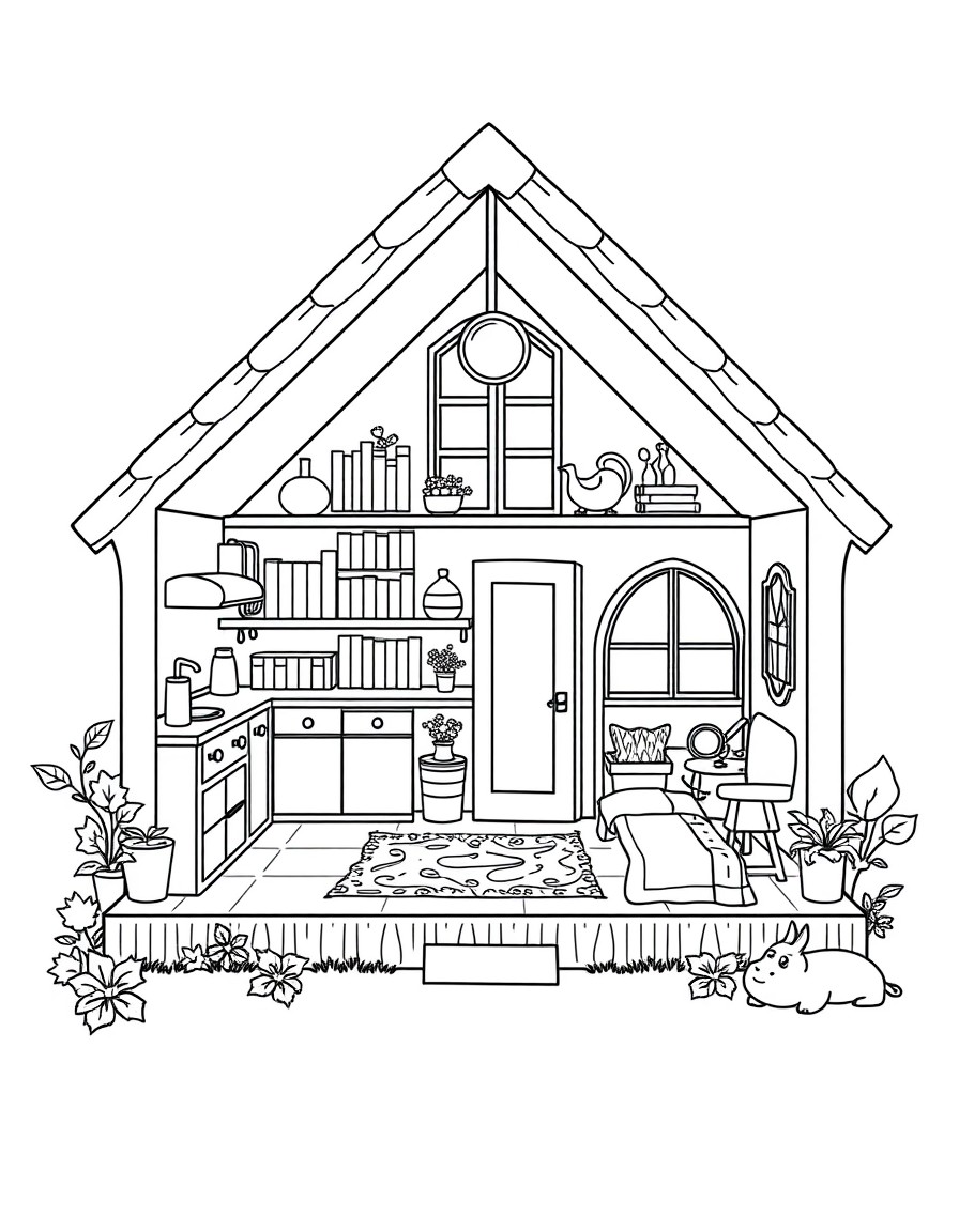 A tiny gnome home with a kitchen, living room, library, bedroom, and bathroom