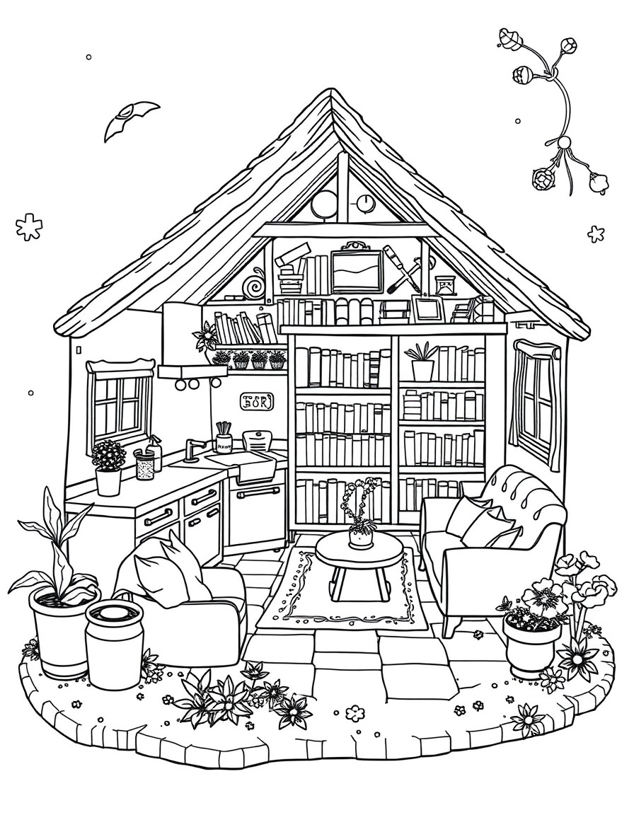 A tiny gnome home with a kitchen, living room, library, bedroom, and bathroom