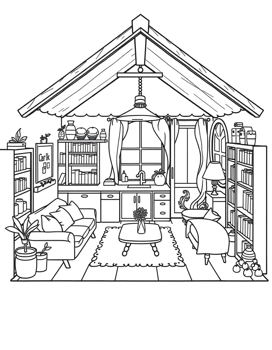 A tiny gnome home with a kitchen, living room, library, bedroom, and bathroom