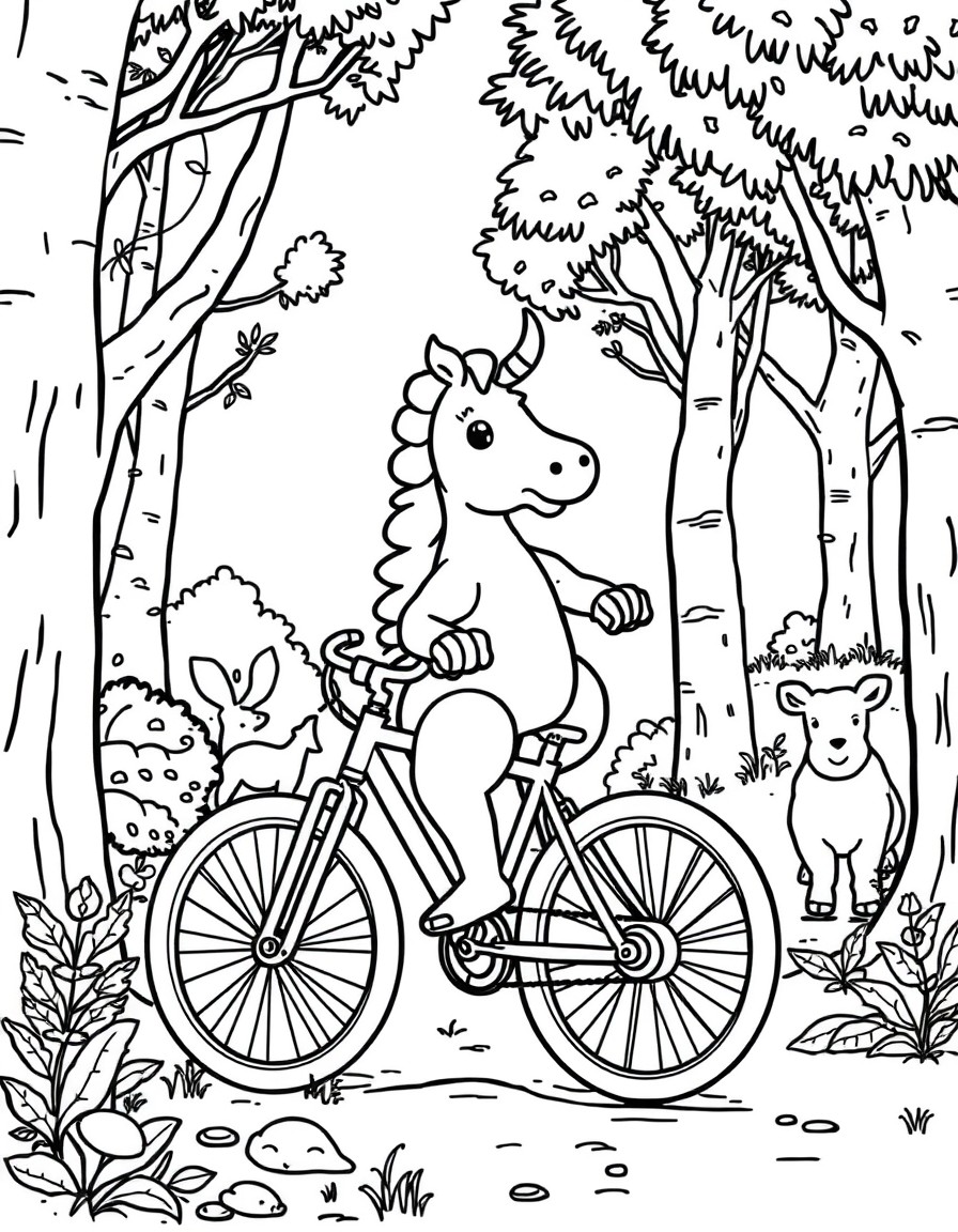 A dinsoure riding a bike in the forest with trees and animals