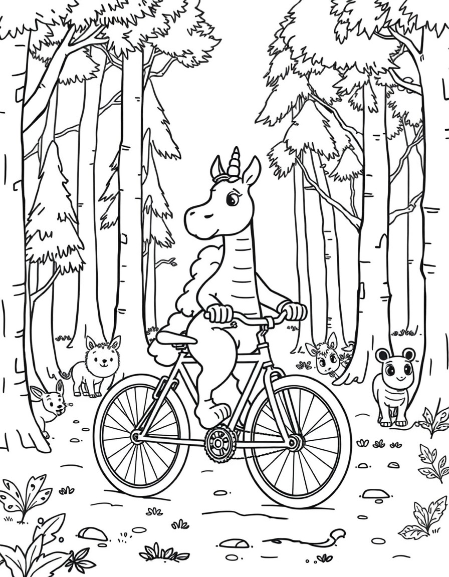 A dinsoure riding a bike in the forest with trees and animals