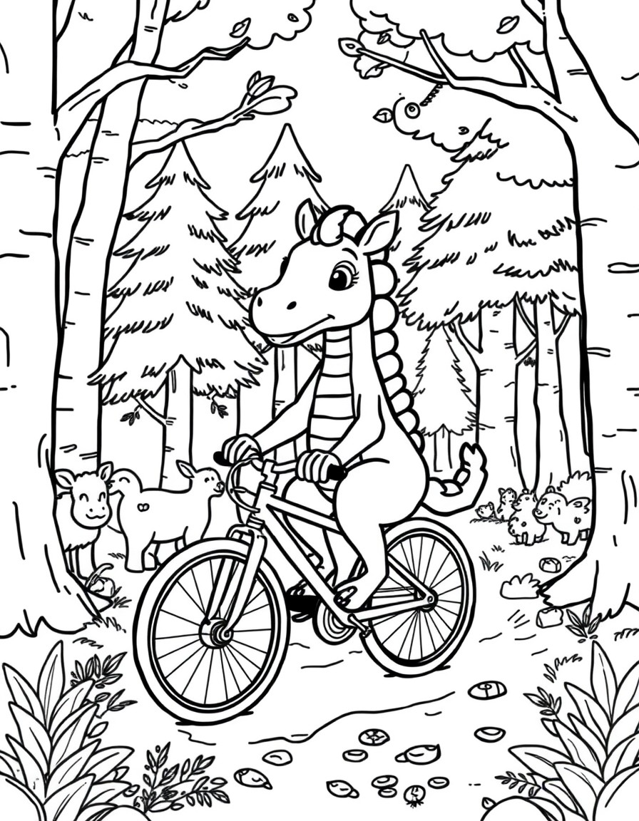 A dinsoure riding a bike in the forest with trees and animals